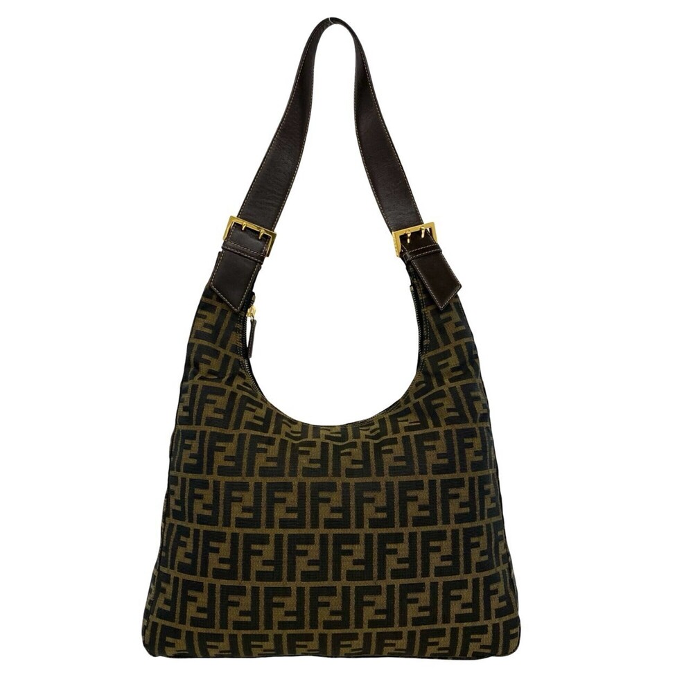 FENDI Vintage Zucca FF Pattern Canvas Leather One Shoulder Bag Handbag Brown ...